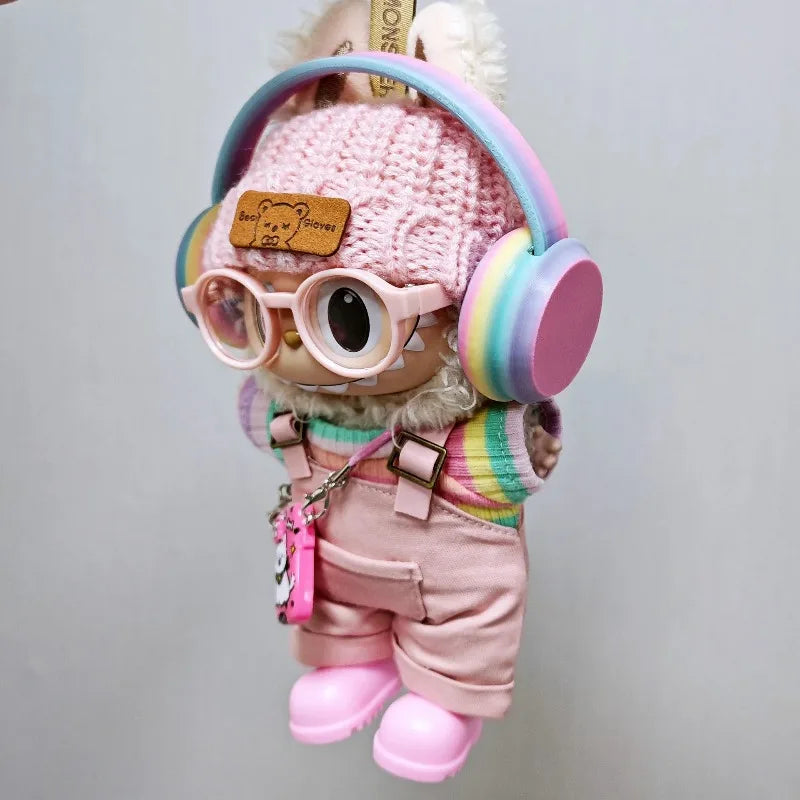 labubu clothes Pink overalls, colorful headphone sets, rainbow-colored pleated skirt clothing, labubu accessories (no dolls)