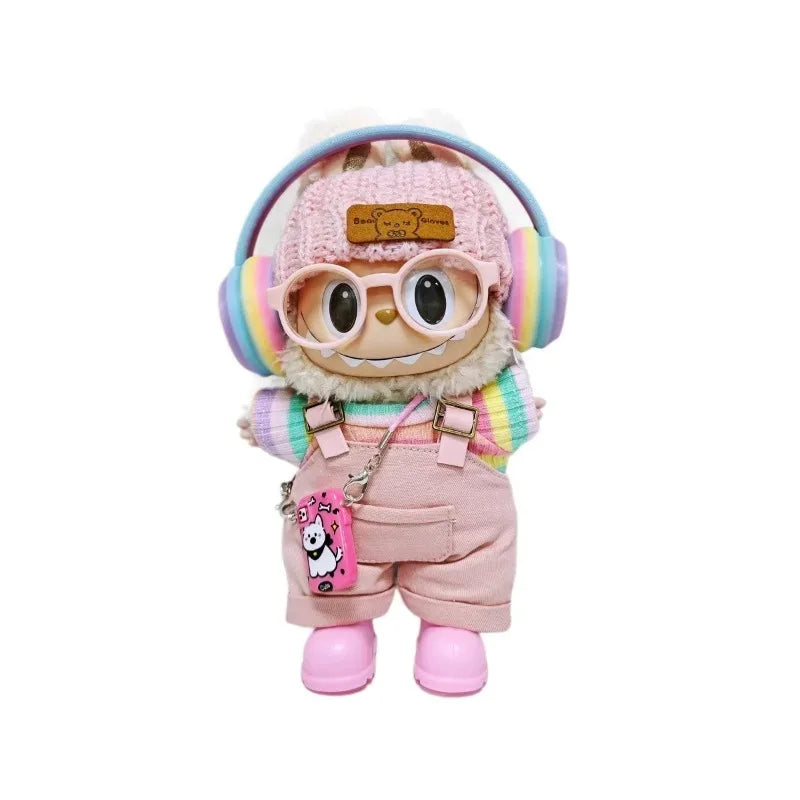 labubu clothes Pink overalls, colorful headphone sets, rainbow-colored pleated skirt clothing, labubu accessories (no dolls)