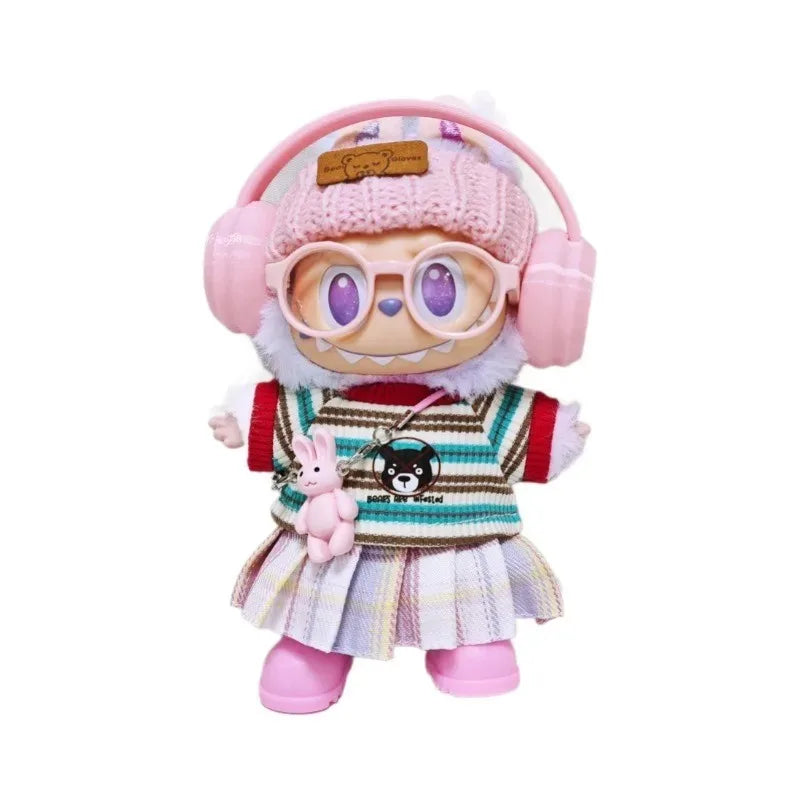 labubu clothes Pink overalls, colorful headphone sets, rainbow-colored pleated skirt clothing, labubu accessories (no dolls)