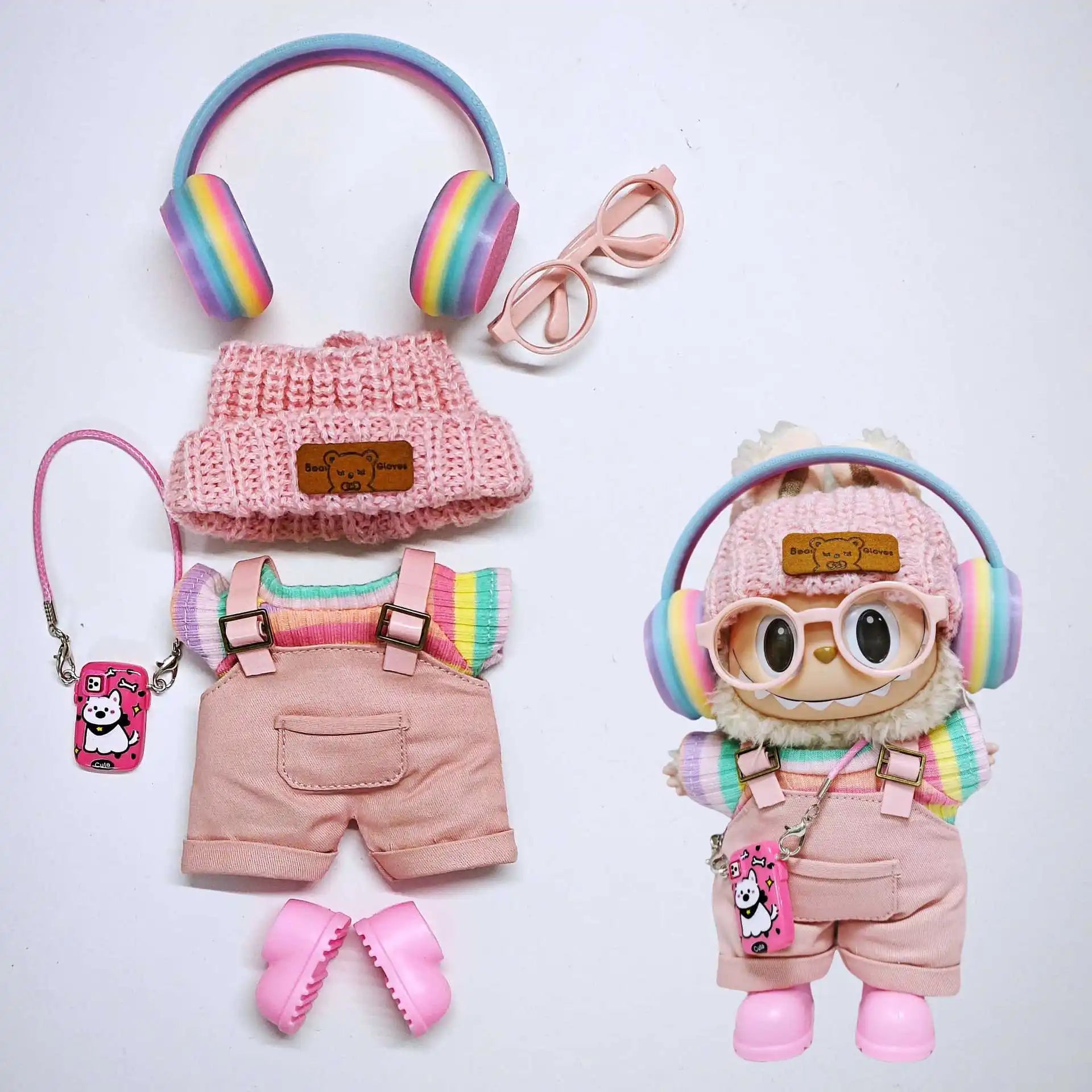 labubu clothes Pink overalls, colorful headphone sets, rainbow-colored pleated skirt clothing, labubu accessories (no dolls)
