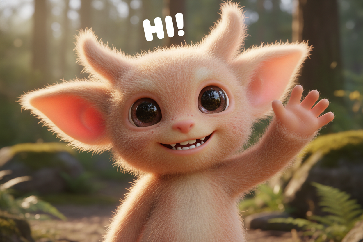 Make a realistic labubu saying hi